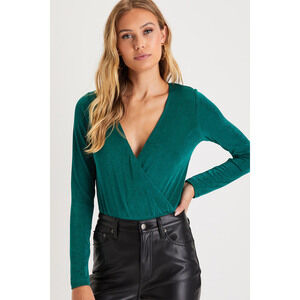 Lulus Let's Slink Up Emerald Green Surplice Long Sleeve Bodysuit